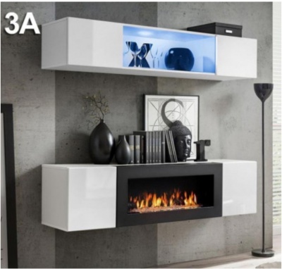 Móvel de parede branco com lareira, estante iluminada a azul e decoração