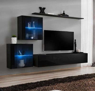 Conjunto moderno de móveis pretos com iluminação LED azul numa sala de estar