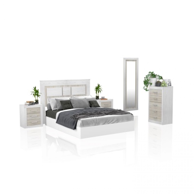 Conjunto de quarto com cama, mesas-de-cabeceira, espelho e cómoda em madeira clara com decoração de plantas