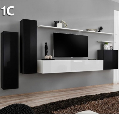 Móveis de parede modernos preto e branco com televisão numa sala cinzenta