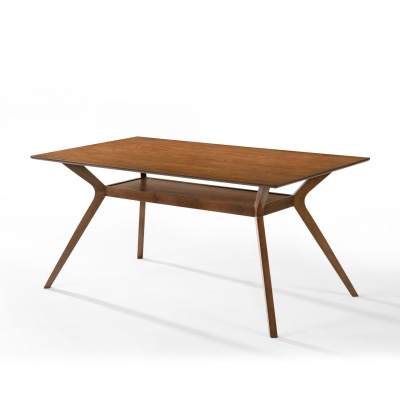 Mesa retangular de madeira castanha com quatro pernas inclinadas e prateleira inferior