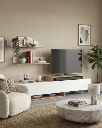 Sala de estar moderna com móvel TV branco e madeira, poltrona branca, mesa de centro redonda marmoreada e prateleiras com decoração.