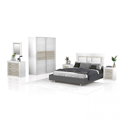 Conjunto de mobiliário de quarto branco e madeira clara com cama estofada cinza e roupeiro