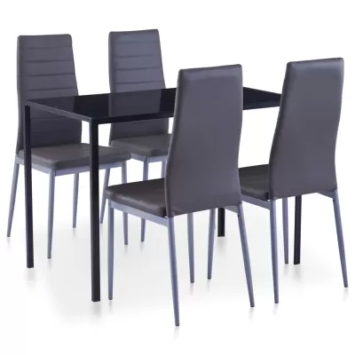 Conjunto de mesa de jantar com tampo preto e quatro cadeiras cinzentas