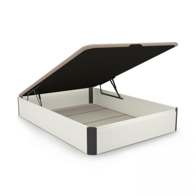 Cama de arrumação branca com tampo almofadado bege elevável