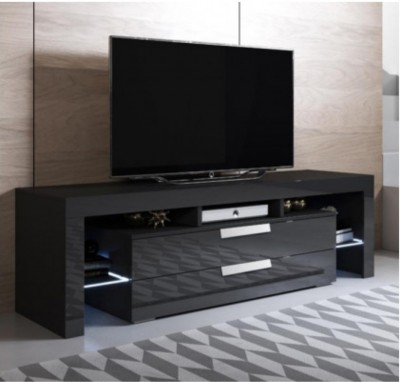 Móvel televisão preto brilhante com gavetas, iluminação LED e televisão em sala moderna