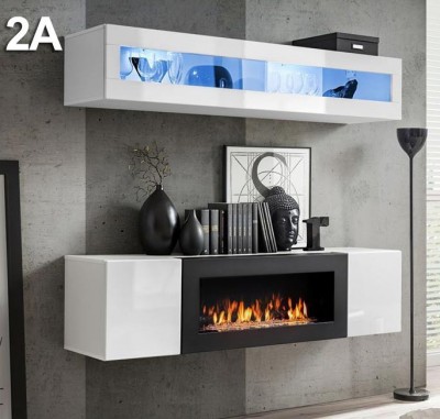 Conjunto de móveis de parede com lareira embutida e iluminação azul