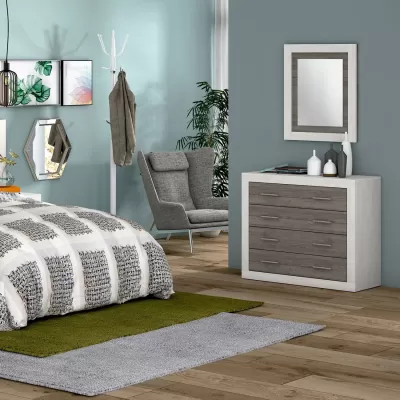 Quarto moderno com cómoda, espelho, cadeira, cabide, cama e decoração em tons azuis e castanhos
