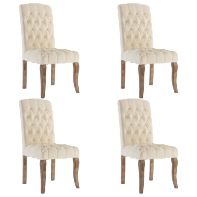 Conjunto de quatro cadeiras estofadas bege com pernas de madeira