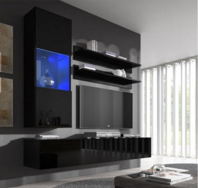 Móvel suspenso preto lacado com iluminação azul interna em sala moderna