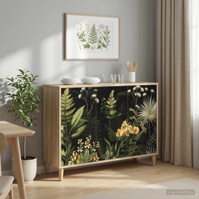 Aparador de madeira claro com padrão de folhas e flores nas portas numa sala com parede cinza e cortinas bege