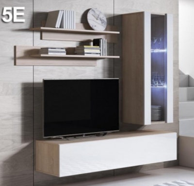 Conjunto de móveis de sala com prateleiras, armário com vidro e base para televisão