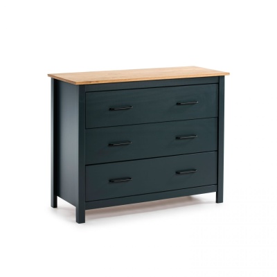 Cómoda azul escura de madeira com três gavetas e tampo em madeira clara