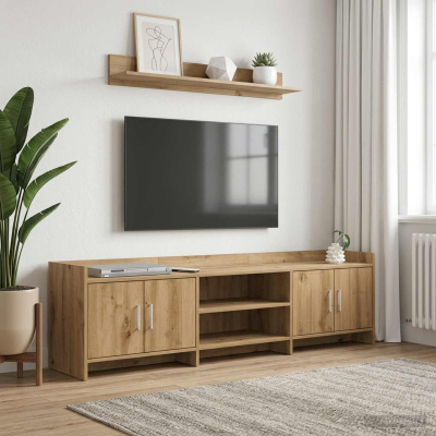 Sala com televisão de ecrã plano, móvel de madeira, prateleira com decoração e planta verde