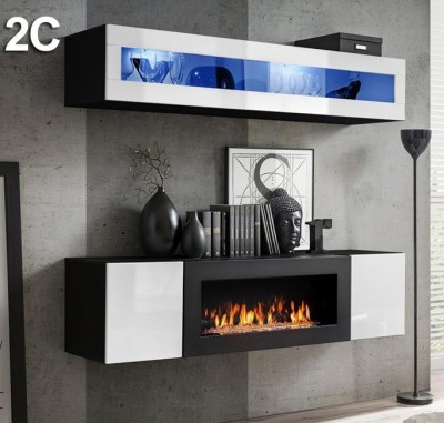 Móvel de parede moderno com lareira embutida e vitrines em vidro azul