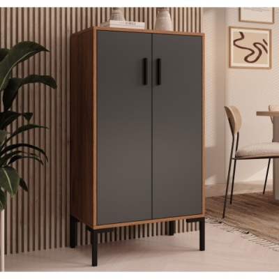 Armário de madeira de duas portas cinza escuro com pés pretos numa sala moderna