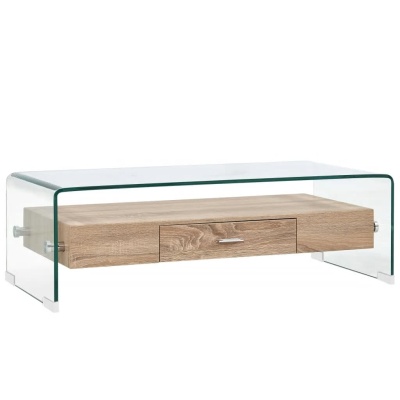Mesa de centro em vidro transparente com gaveta de madeira clara