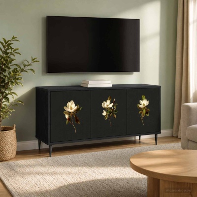 Aparador preto de madeira com decoração floral e televisão de ecrã plano montada na parede