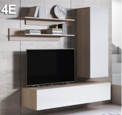 Móvel de sala em madeira clara com portas brancas, televisão e prateleiras com livros