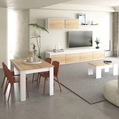 Sala moderna com mesa de jantar e cadeiras castanho avermelhadas, móvel de TV em madeira clara e branco com tela preta e planta decora a divisão