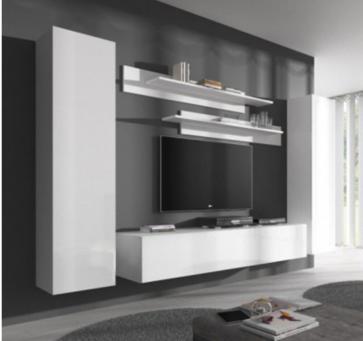 Conjunto de móveis suspensos brancos com televisão numa sala moderna