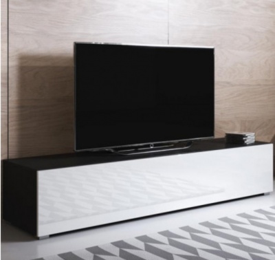 Móvel de TV preto e branco com televisão e chão geométrico cinza