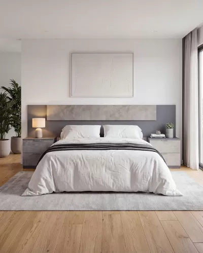 Quarto moderno com cama de casal e decoração cinza clara e branca