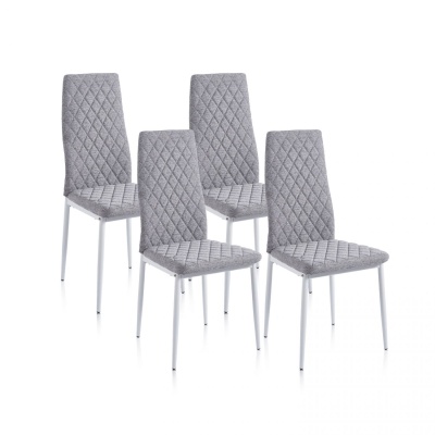 Quatro cadeiras estofadas cinzentas com padrão de diamantes e pés brancos