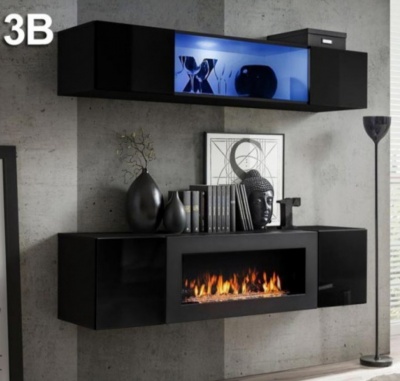 Móvel de parede preto brilhante com lareira elétrica e decoração em parede de cimento cinza