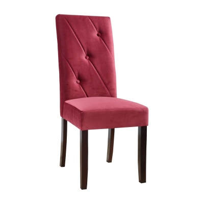 Cadeira estofada vermelha com pernas de madeira escura.