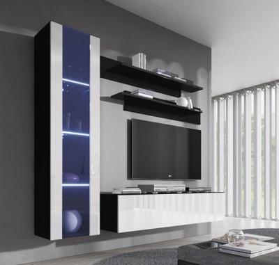 Móvel moderno de sala de estar branco e preto com iluminação azul