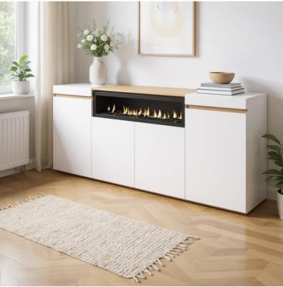 Aparador branco com lareira embutida e tampo de madeira em sala moderna