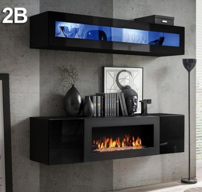 Móvel de parede preto com lareira elétrica e estante com vidro azul