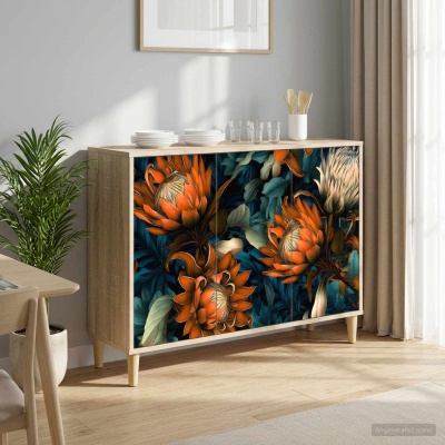 Aparador de madeira clara com portas estampadas de flores laranja e verde