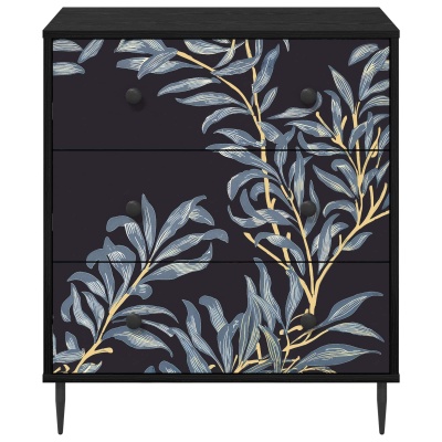 Cómoda preta com padrão de folhas e ramos em azul e amarelo.