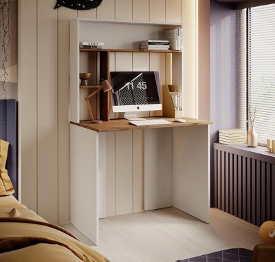 Secretária branca e castanha em quarto moderno com computador e candeeiro