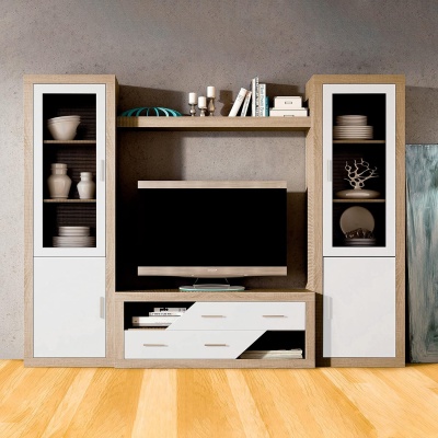 Estante para sala com vitrines e TV