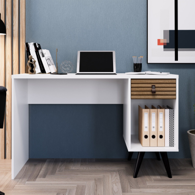 Secretária branca com gaveta de madeira, pastas e portátil sobre a mesa