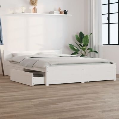 Cama branca de madeira com gaveta aberta e decoração minimalista