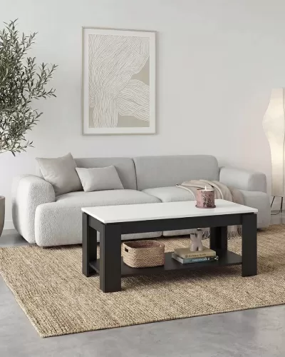 Sala de estar com mesa de centro em madeira, sofá cinza e decoração minimalista
