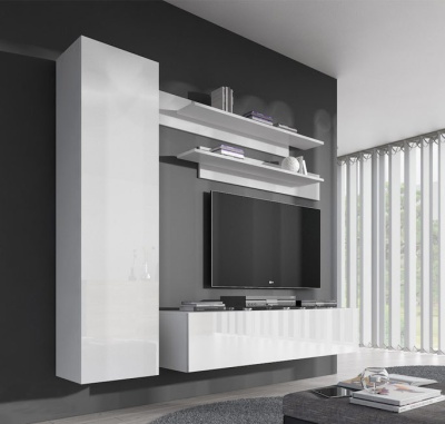 Móvel moderno branco para sala com televisão e prateleiras num fundo cinza e janela com cortinas