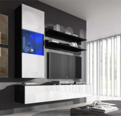 Móvel moderno de sala com prateleiras pretas, portas brancas e iluminação azul