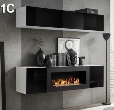 Móvel moderno preto e branco com lareira embutida e decoração