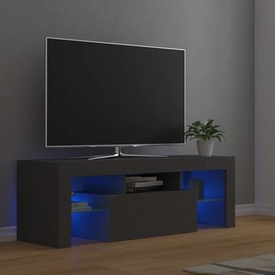 Móvel de televisão preto com iluminação azul, televisão de ecrã plano e planta em vaso branco