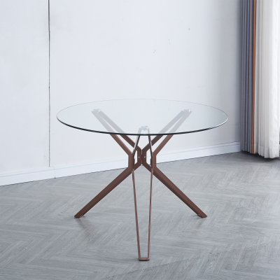 Mesa de jantar redonda de vidro com base metálica bronze