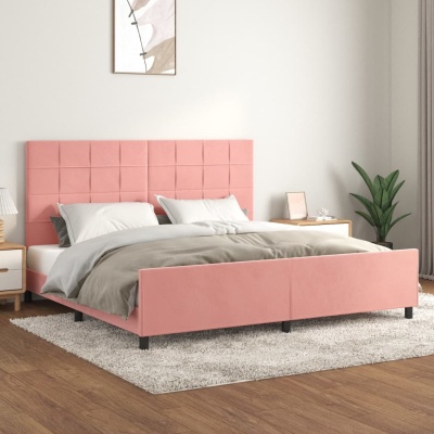 Cama de casal rosa estofada com roupa de cama cinzenta e branca numa divisão moderna