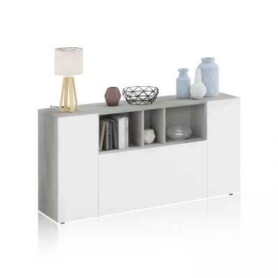 Móvel de sala moderno cinza claro e branco com decoração e livros