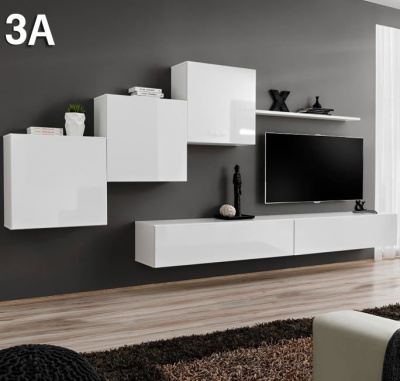 Conjunto modular de móveis brancos suspensos numa parede cinzenta com televisão e decoração