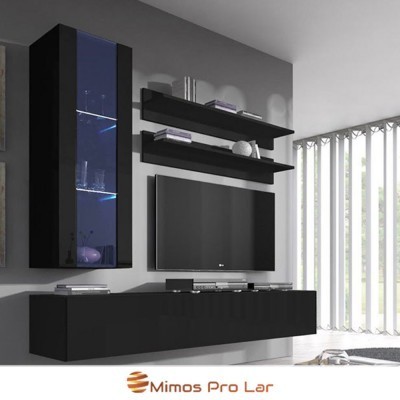 Conjunto de móveis pretos para sala de estar com estante de vidro azul e televisão montada