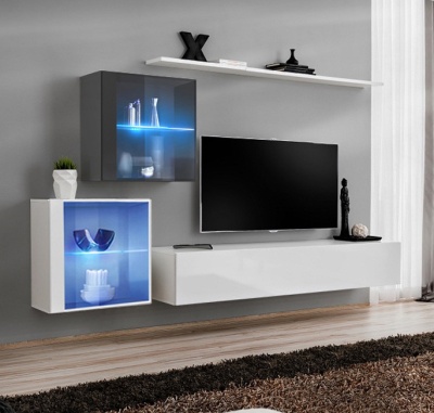 Móvel de televisão moderno com armários suspensos e iluminação azul